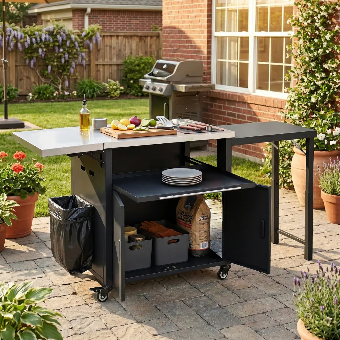 Iron Foldable Outdoor Prep Station & BBQ Grill Cart - Mobile Patio Kitchen Island, 304 Stainless Steel Top, Dual Foldable Tables, Integrated Trash Rack, Double-Door Cabinet, Open Drawer, Easy to Clean, Camping Cooking Gear, Black/Gray, Locking Wheels, Dua