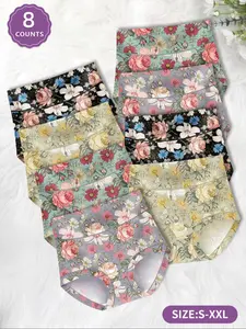 Women's Floral Pattern High Waist Underwear, Comfortable Fitted Design, All-Season Casual Style, Printed Pattern, Soft Fabric, Pack of 8