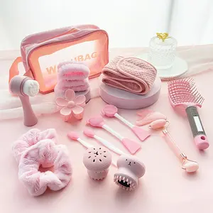 16-Piece Shampoo Headband Set for Women 2-in-1 Cleansing Brush Skincare Massager Double-Sided Facial Cleanser Hair Tie Set with Medium Makeup Bag Ideal for Daily Skincare Routine Wearable Hair Accessories