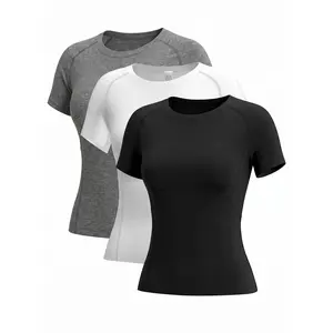 Women Workout Shirts Short Sleeve 3 Pack Athletic Compression Tee Yoga Gym Basic Tops Baselayer Undershirt Sports Gear Black White Grey