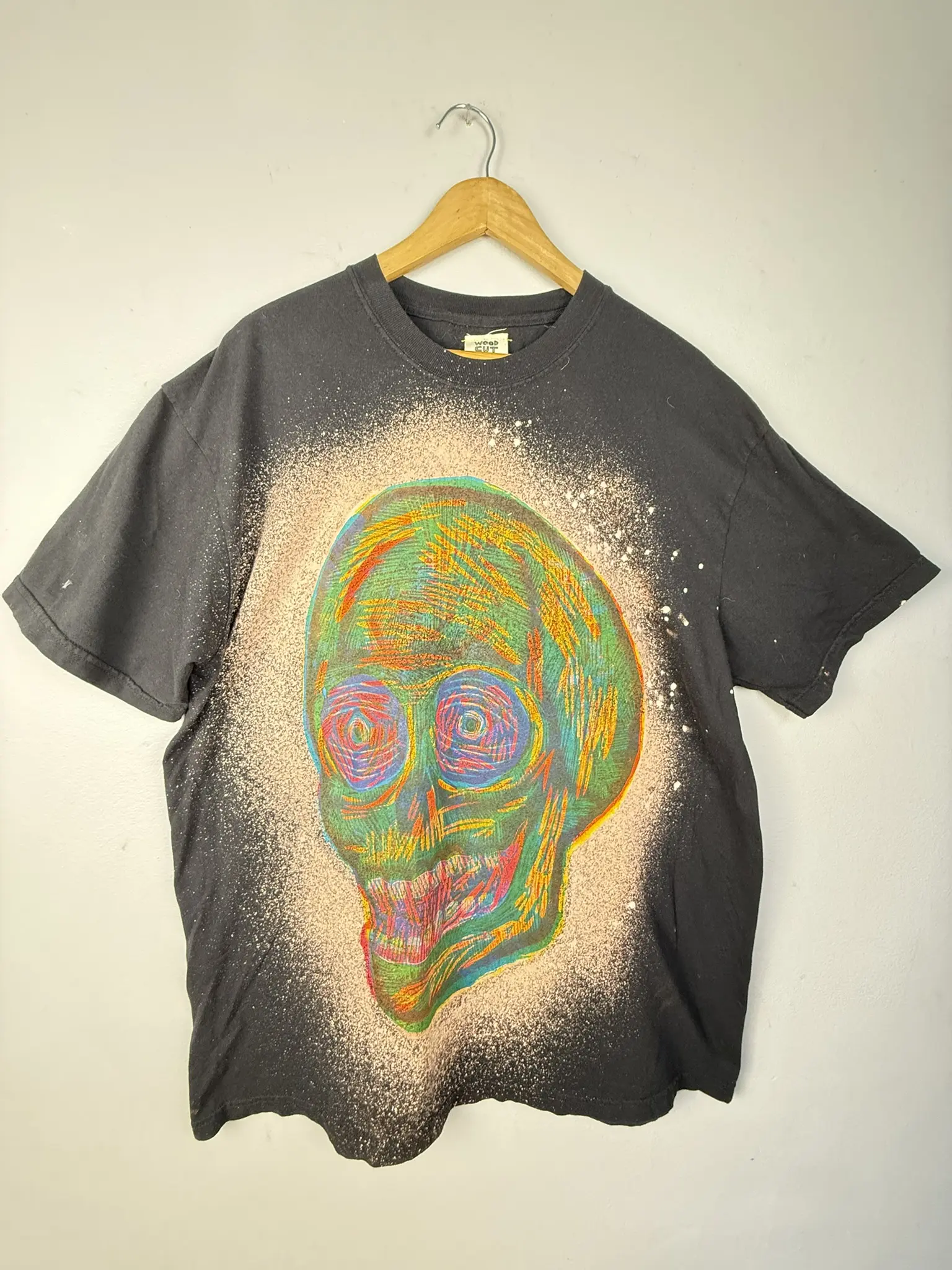 Space Dust Skull Woodcut Printed Graphic T-shirt Handcrafted Quality Soft Cotton Menswear Loose Fit Streetwear Tee - Fabric