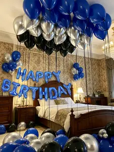 593-Piece Blue Festive Party Decoration Set - 500 Non-Woven Flower Petals, 16" Happy Birthday Banner, 10 Pcs 18" Foil Heart Balloons, Latex Balloons, Ribbons for Birthday, Graduation Photo Backdrop