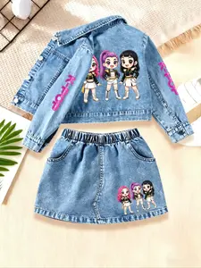 Girls' K-Pop Cartoon Print Jacket and Skirt Set, Soft and Comfortable, All Seasons, Slim Fit, Ages 1-8, Perfect Gift for Kids