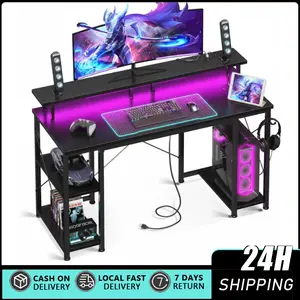 Gaming Desk with LED Lights and Storage Shelves, 48 inch Computer Desk with Power Outlets, Home Office Desk with Monitor Stand, Writing Table PC Desks, Black 48-inch gaming table, equipped with LED lighting and power socket, featuring monitor stand