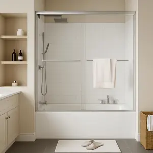 59 in W x 60 in H Frameless Sliding Shower Door, 5/16 in (8 mm) SGCC Tempered Clear Glass with Easy-to-Clean Coating, Brushed Nickel