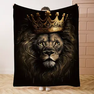 280GSM Premium Weight Blanket,Royal Lion Crown Print Soft Flannel Throw Blanket - 100% Polyester Knit, All-Season Comfort for Bed, Sofa, Office, Camping - Mid-Century Style Digital Printed Cozy Bedspread