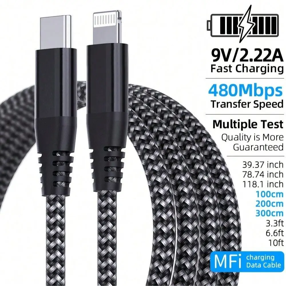 Mfi Certified PD 20w Cellphone Data Cable for iPhone XR 8 14 13 Pro Max 12 Pro Max 11 Pro, USB-C to Lightning, Fast Charging & Data Sync, Nylon Braided Wire, Durable
