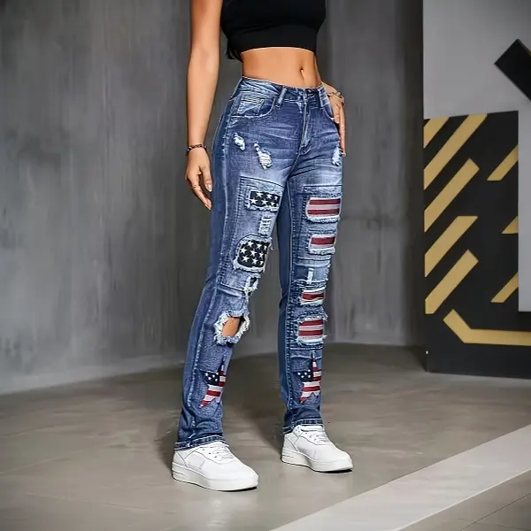 Women's American Flag Ripped Denim Jeans, Comfortable Grunge Vibe Mid-Waist Straight-Leg Trousers for Elevated Casual Street Style, Pants, Grunge Aesthetic, Everyday, Clothes