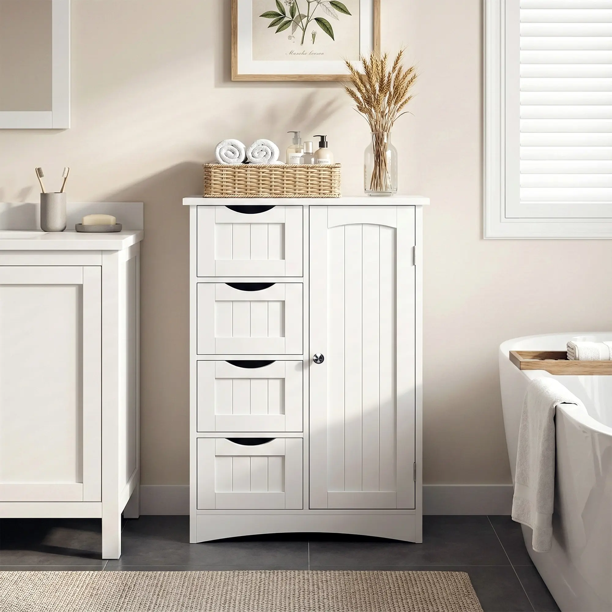 White Freestanding Bathroom Floor Cabinet - Moistureproof P2 MDF Organizer with 4 Drawers, 1 Door, Anti-Tip Screw, Cutout Handles, 1x Pack of Accessories, 22''L x11.8''W x32''H Adjustable Storage Cupboard (34.6lbs,55lbs) for Bathroom Decor, 1 X Pack Of Ac