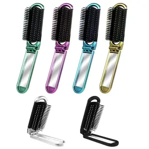 6 PCS Folding Travel Hairbrush Set with Compact Mirror for Women - Mini Pocket Brush with Mirror for Purse and Girls