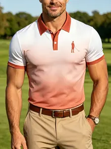 Men's Gradient Golf Polo Shirt, Summer Fashion Short Sleeve Collared Sport T-Shirt, Casual Loose-Fitting Herringbone Pattern