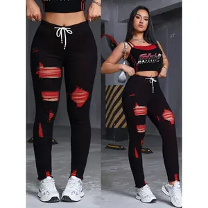 Women'sHigh-WaistedStretchSkinnyJeans-BlackwithRed&GreenThreadGeometricPattern,Y2KDistressedRippedCuffs&SlantPockets,85%Rayon/2%Elastane/13%PolyesterBlend,MachineWashableAll-SeasonCasualPants