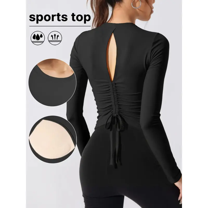 Women's Athletic Top, Long Sleeve Skinny Fit Sportswear with Built-in Pads and Ruched Back, Stretch Knit Fabric for Gym & Yoga, Athletic Tops, Fitness Top
