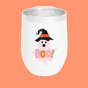 Boo Ghost Insulated Chill Wine Tumbler with Cute Ghost Wearing a Witch Hat | Retro Halloween Stainless Steel Drinkware