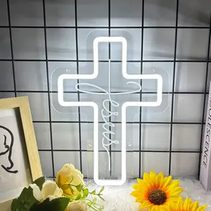 Jesus Cross LED Neon Light Decor Sign, Wall or Desktop Decorative Sign,for Indoor ,for Home Room,Livingroom,Bedroom,Bar,Gathering,Party,Man Cave,Unique Decorative Gift for Friends Family Store Shop Business Sign, 5V2A USB Powered,10 Level Dimmable