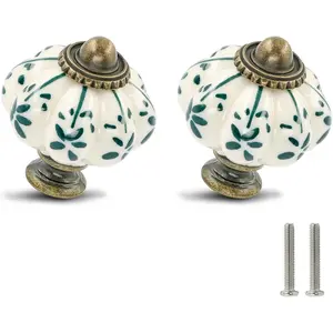 12 Pack Ivory & Green Pumpkin Ceramic Cabinet Knobs, Vintage Drawer Pulls, Antique Dresser Pulls With Mounting Screws, Green Flower