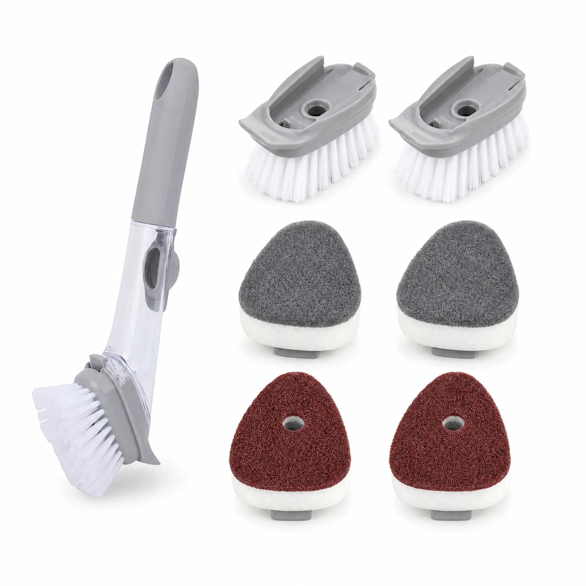 3-in-1 Soap Dispensing Cleaning Brush Set - Refillable Dish Wand with Interchangeable Bristle, Sponge & Heavy-Duty Scouring Heads for Dishes, Pots, Stovetops, Glass, Tires & More