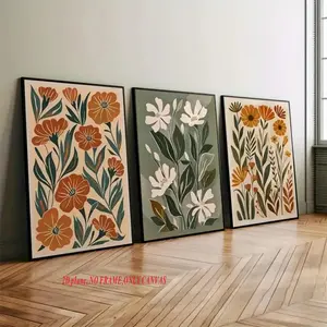 3-Piece Set, Bohemian Abstract Floral Canvas Art, Modern Art Design, Spring Wildflower Botanical Wall Decor, Modern Home Decor for Living Rooms and Bedrooms, 2D Flat