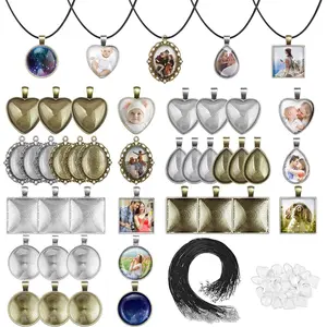 Pendant Trays Set with Glass Cabochons for Jewelry Making - 90pcs, Includes 30pcs Bezel Pendants, 30 Glass Cabochons, 30 Necklace Cords