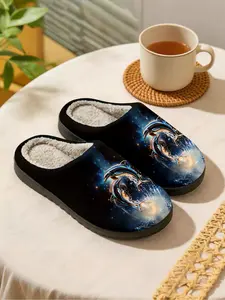 Dreamy Starry Dolphin Plush Slippers 1 Pair, Healing Ocean Style, Fleece-Lined for Warmth, Marine Animal Enthusiasts & Dreamy Style Pursuers for Home Healing + Street Eye-Catching, Winter Hit!
