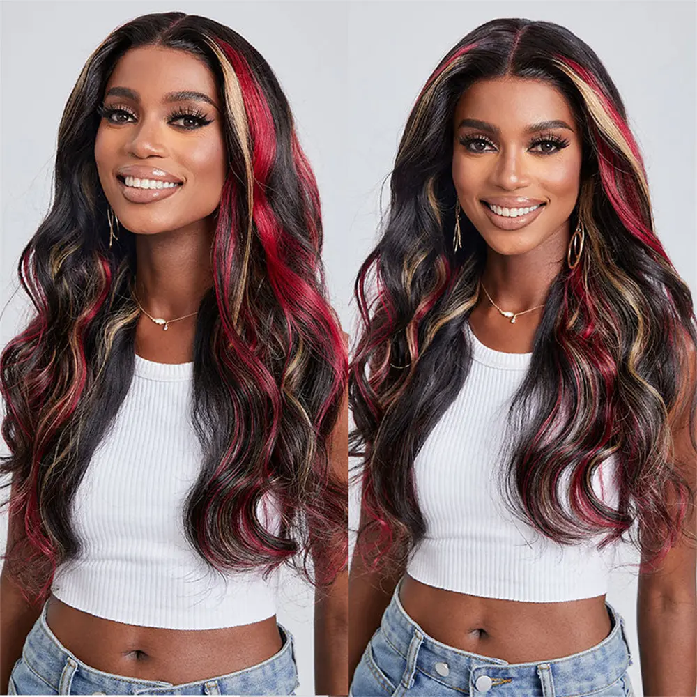 Klaiyi 100% Virgin Lace Human Hair Wig for Female, 16 inch-24 inch, Multi-Color Blonde & Red Highlights, 7x5 Pre-Cuts/13x4 Lace Front, Loose Wave, Bleachable & Dye Friendly