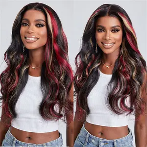 Klaiyi Multi Color Highlights  Blonde And Red 7x5 Pre-cut Lace Closure/13x4 Lace Front Wig  Loose Wave
