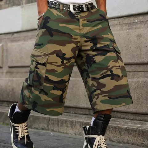 Men's Denim Shorts - Vintage Menswear, Casual Baggy Cargo Pocket, Frayed Hem, Loose Fit, Camouflage Streetwear Clothing, All-Season Outing Wear, Matching Tee Compatible