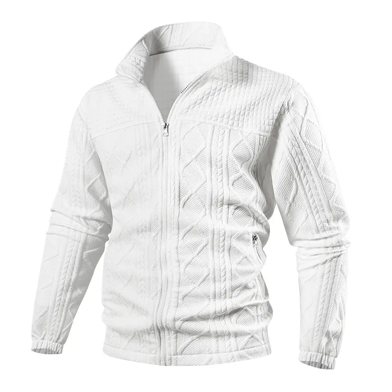 Men's Classic Zip-Up Sweatshirt in Textured Diamond Jacquard Fabric, Featuring a Slim Fit, Stand Collar, Ribbed Cuffs, and Pockets for Athletic Wear