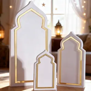 3pcs White & Gold Archway Table Decor Set, Islamic Style Ramadan Home Accents, Eid Mubarak Table Ornaments, Arabic Geometric Table Decor, Ramadan Kareem Festive Decor, Indoor Iftar Table Centerpieces, Gold Trim Islamic Decor, Stylish Religious Decor