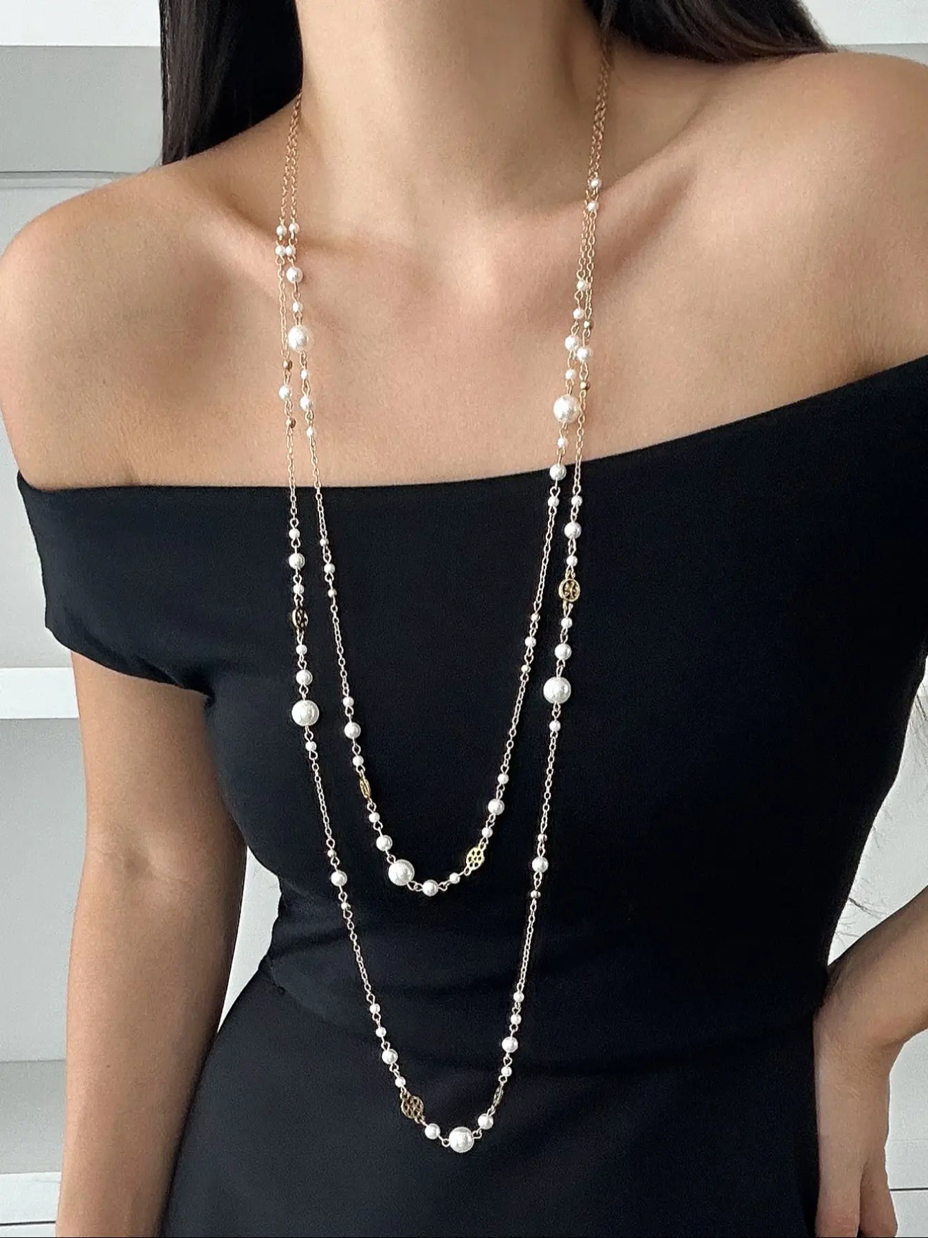 Elegant French Style Pearl Ccb Long Necklace Set, Faux Pearl Jewelry, Fashionable Women's Jewelry for Parties & Dates, Stackable Design, Fashionable Jewelry Accessories, 2 Pieces