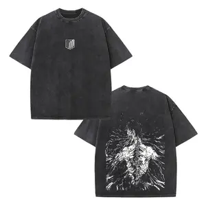 Men's Vintage Acid Wash Double Sided Attack on Titan Oversized T-Shirt, 100% Cotton Survey Corps Eren Titan Form Graphic Streetwear Top, Match Cargo Pants, Trucker Hat & Skate Sneakers for Anime Expo, Hangout & Urban Daily Outfits