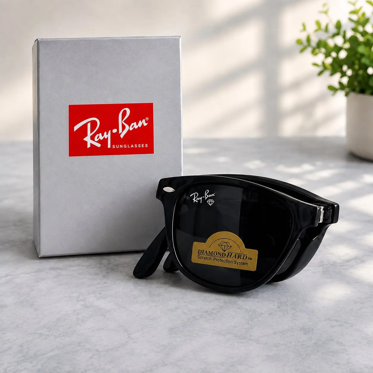 <3-Ray-Ban Wayfarer Sunglasses for Men & Women – Shiny Black Frame with Green Lenses