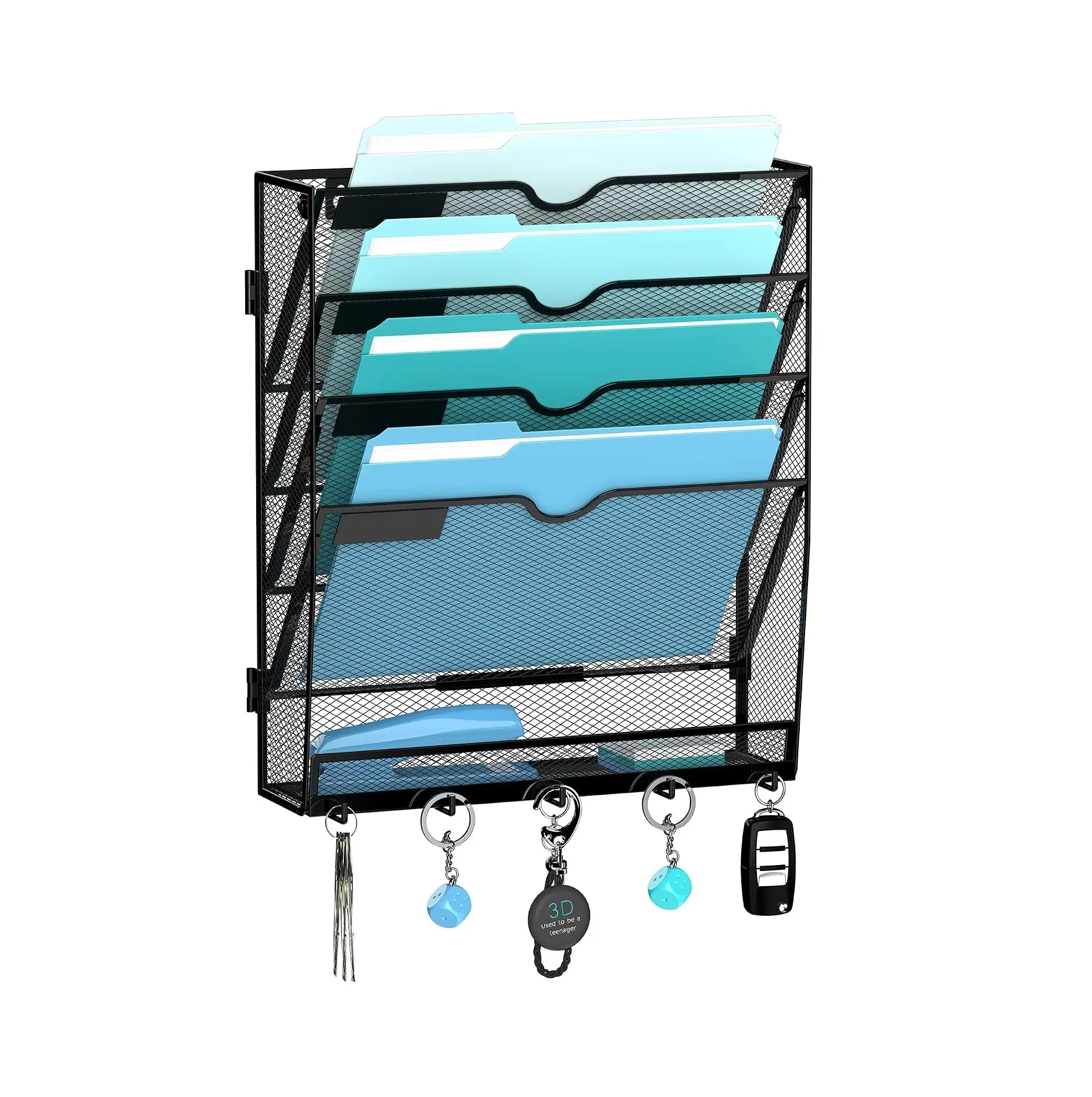 5-Tier Wall File Organizer and Mail Organizer with 5 Hooks, Black | Label slots, curved openings, 5 key hooks, and a bottom tray support organized mail, file, and everyday item storage.
