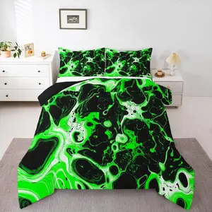 Feelyou Black-Lime Green Watercolor Abstract Marbling Fluid Art Duvet Cover Set - Breathable, Machine Washable Microfiber Bedroom Bedding Set, Modern Fashion Comforter for Teens, Breathable Duvet Set