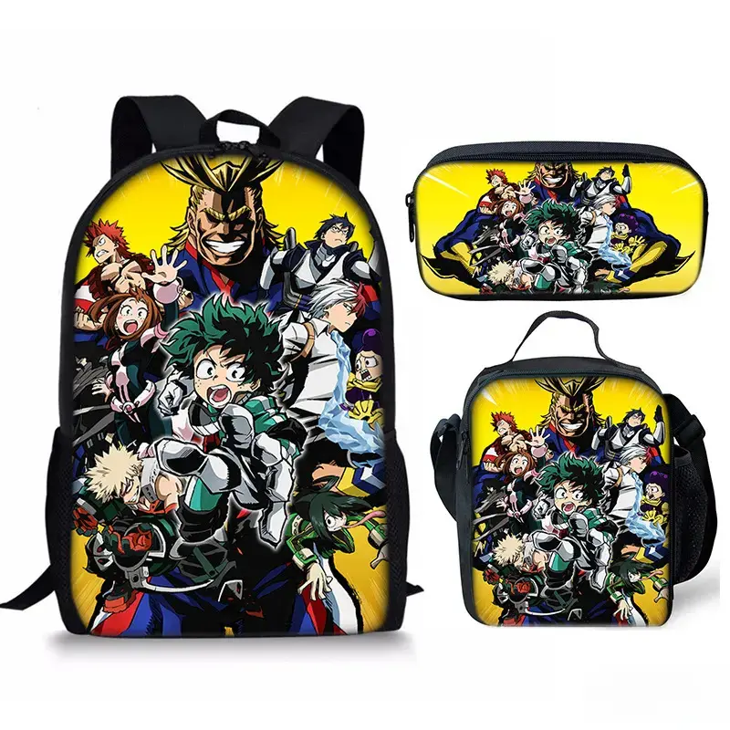 My Hero Academia three-piece set: school bag, lunch bag, pencil case, and backpack.