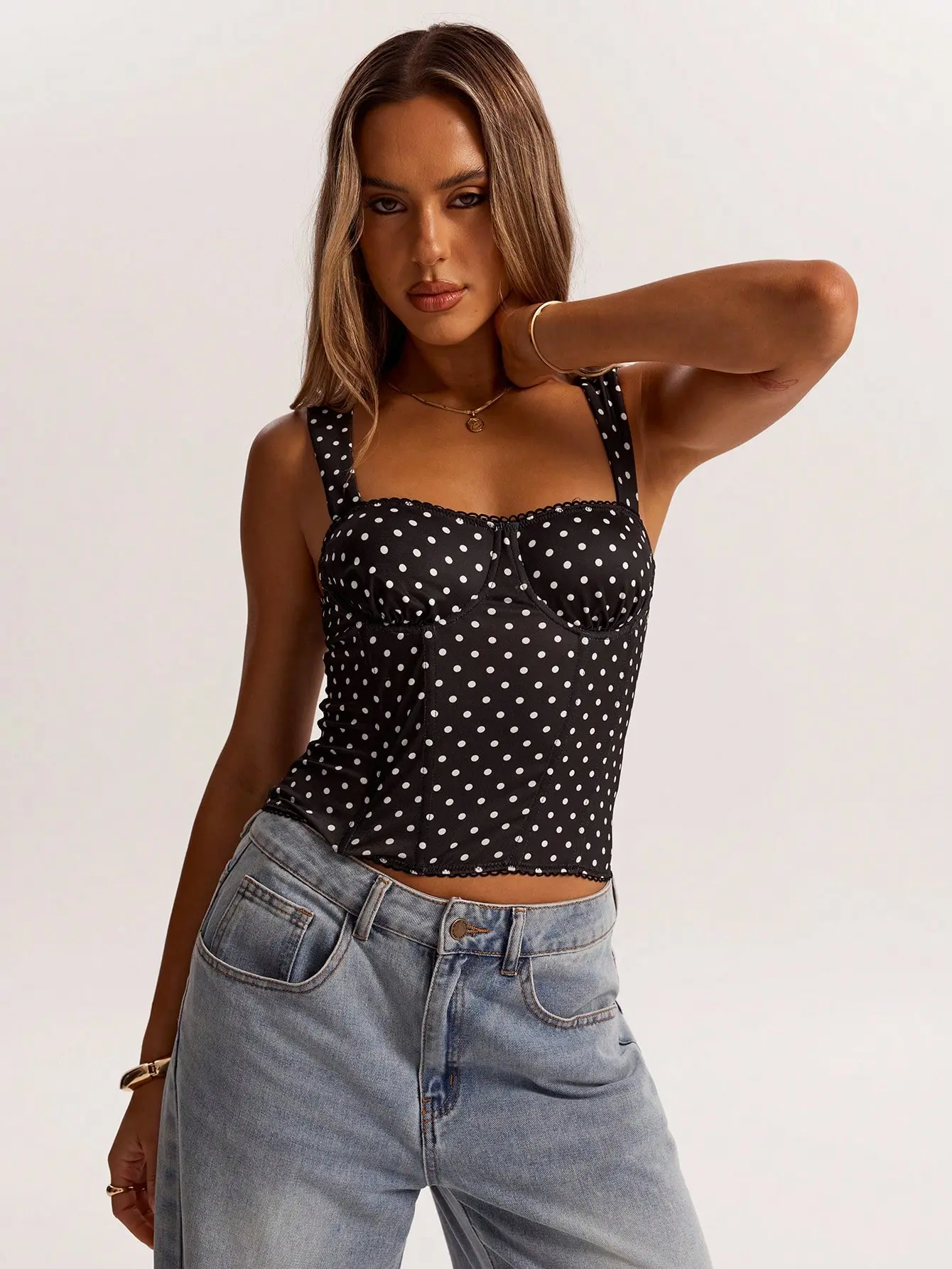 Women's Polka Dot Square Neck Camisole - Corset Style Sleeveless