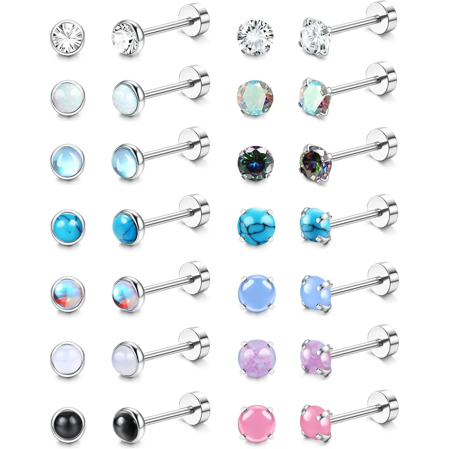 YADOCA 14-Pair Hypoallergenic Surgical Steel Flat-Back Screwback Stud Earrings Set for Women, Cubic Zirconia Opal Moonstone Turquoise, Cute and Playful, Multiple Color Combinations, Piercing Jewelry, Cubic Zirconia Stud Earrings, Sturdy
