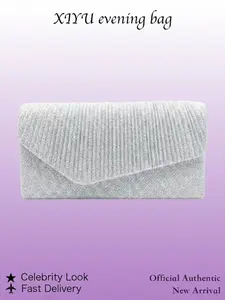 Women's Evening Clutch Bag, Formal Envelope Handbag, Silver Color Glitter Ribbed Pleated Design, Compact Lightweight Accessory for Weddings and Parties