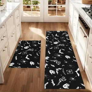 2Pcs Halloween Bat Spider Moon Floor mat set for farmhouse kitchen Rug restaurant floor laundry room decor carpet mat
