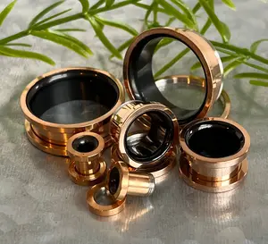 PAIR of Stunning Rose Gold with Black Interior 316L Steel Screw Fit Tunnels/Plugs - Gauges 2g (6mm) thru 1" (25mm)