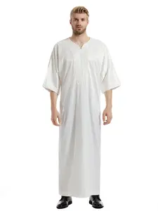 Men's Moroccan Robe Half Sleeve, Loose Striped Print 3/4 Sleeves, Traditional Middle Eastern Fashion, Comfortable Lightweight Fabric