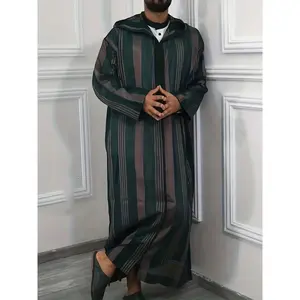 Men's Striped Hooded Long Robe - Casual Polyester Thobe with Zipper Detail, Machine Washable - Perfect for Spring/Fall