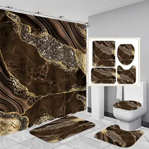 4PCS Marble Shower Curtain Sets, Modern Bathroom Sets with Shower Curtains, Toilet Lid Rug, Contour Mat and Bath Mat, Bathroom Decor Luxury Shower Curtain with 12 Hooks, 72 x 72 Inch, Brown