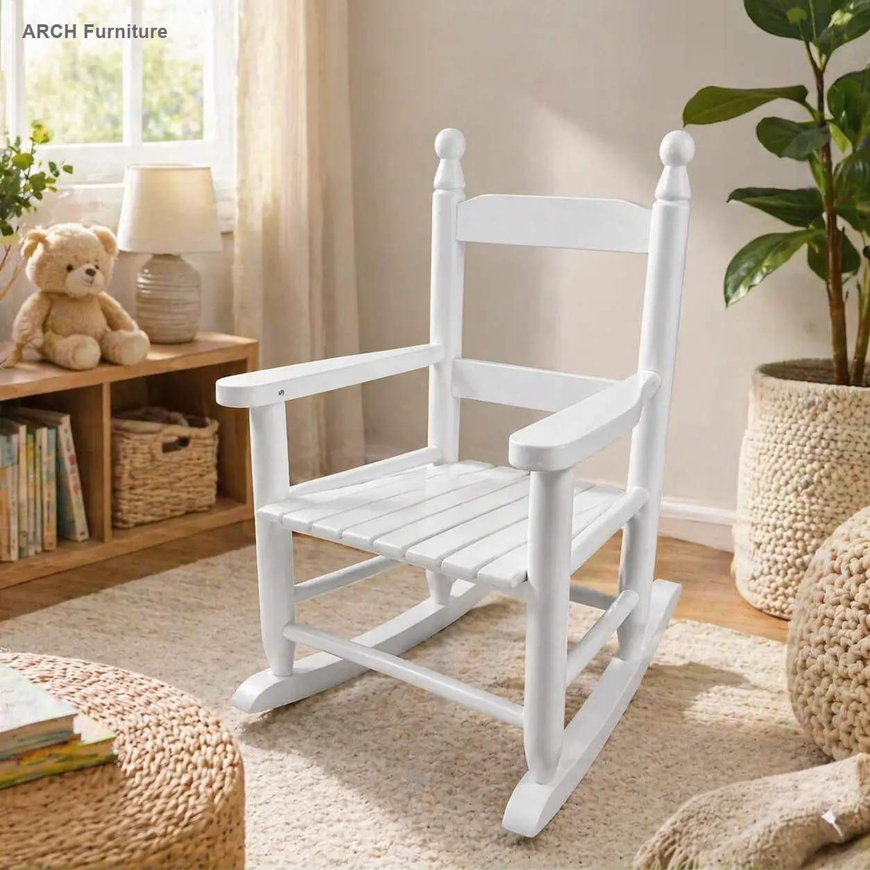 Children's 1-Seater Wooden Rocking Chair - White, Durable, Toddler-Safe, Slatted Design with Backrest, Easy-to-Use, Suitable for Living Room, Garden, Deck