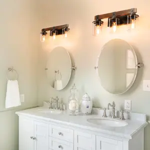 19" Rustic 3-Light Vanity Light, Industrial Bathroom Wall Sconce with Glass Shades and Wood Accent, Modern Farmhouse Lighting Fixture (No Bulbs)