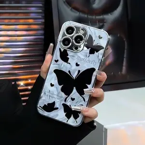 Mirror Butterfly Silicone Customized Electroplated Full-Coverage Shockproof Smartphone Case with Screen Protector, Stylish Cover for IP 17 Pro Max, 16 Pro, 15/14 New Models, Cellphone Accessories, Tech Accessories for Devices