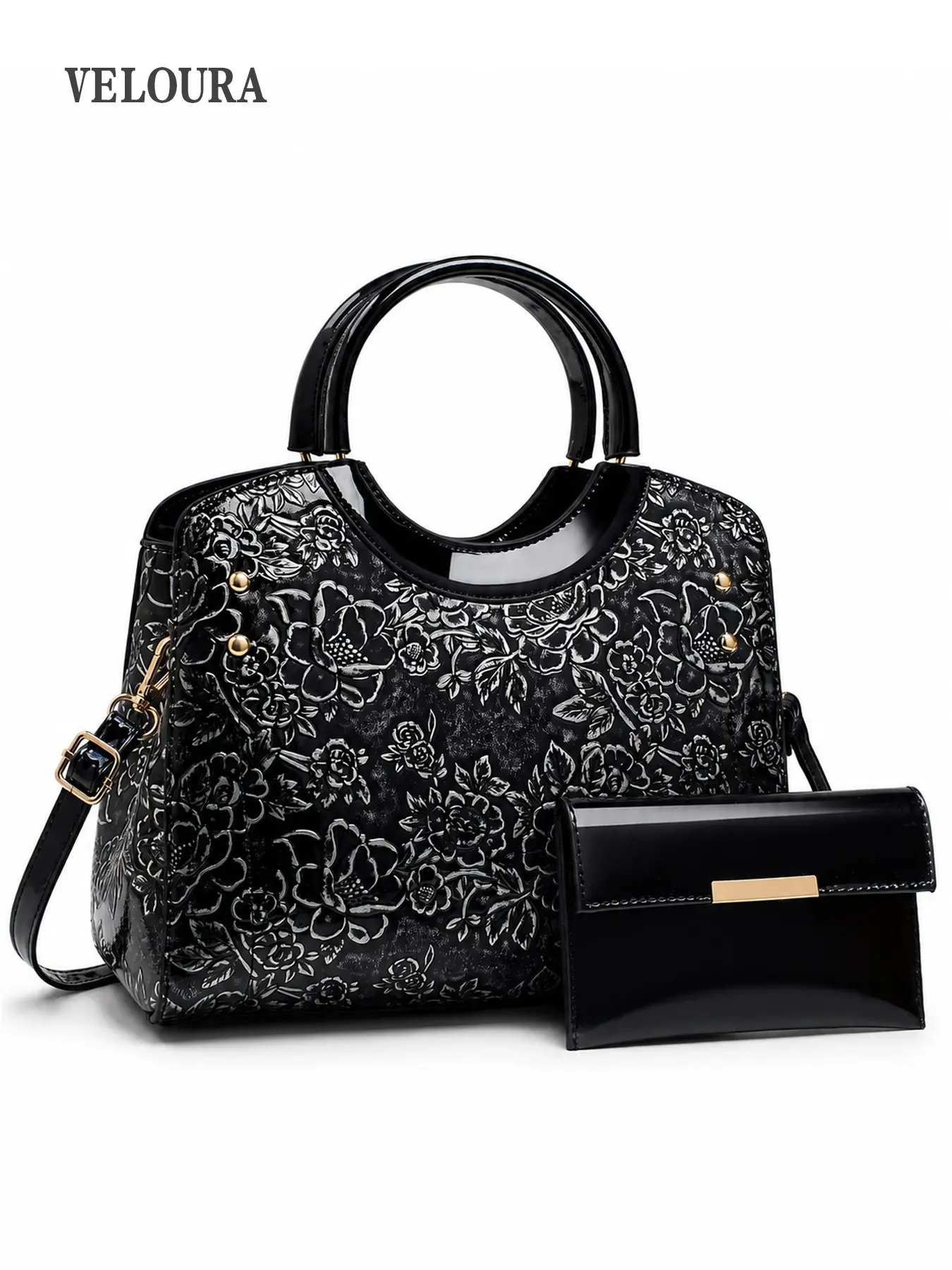 1pc Women’s Embossed Handbag Set with Wallet, Luxury Patent Leather Shoulder & Crossbody Bag, Large Capacity Floral Tote Purse for Work, Travel, Shopping, Party, Dating & Gift for Mom, Wife or Friends