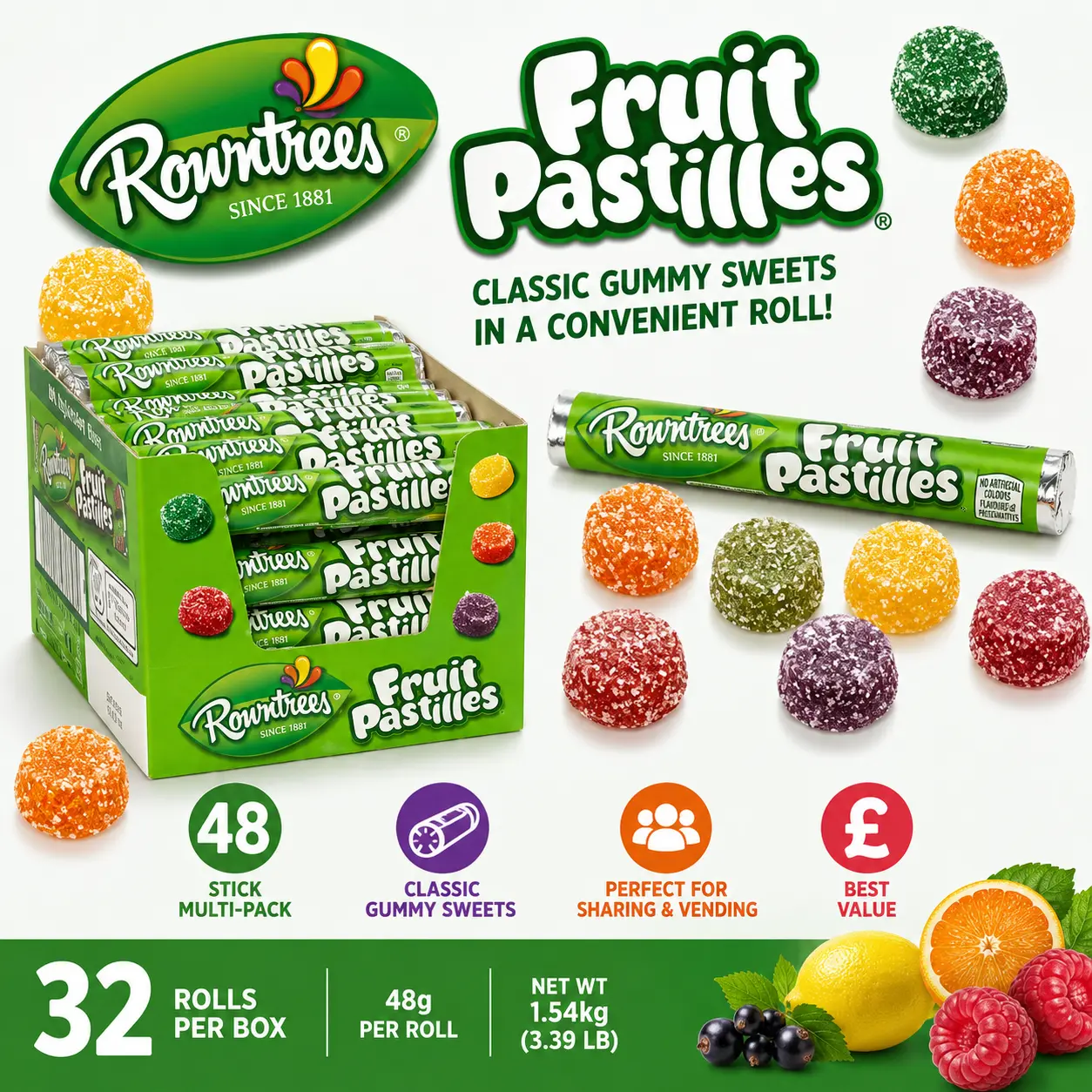 Rowntrees UK Import Fruit Pastilles Candy Rolls 48g 32 Count Fruity Chewy British Candy