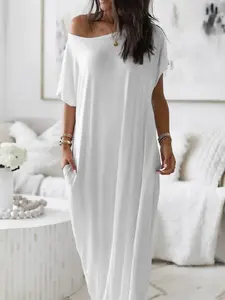 1 Count Women's Solid Color Off Shoulder with Pocket Loungewear Onesies,Cute Nightdress,Pyjama Set,Casual Soft Comfortable Short Sleeve PJ Sets for All Seasons, Lady's Sleepwear for Indoor Wear,Suitable for Parties and Leisure Out Fashion Wear