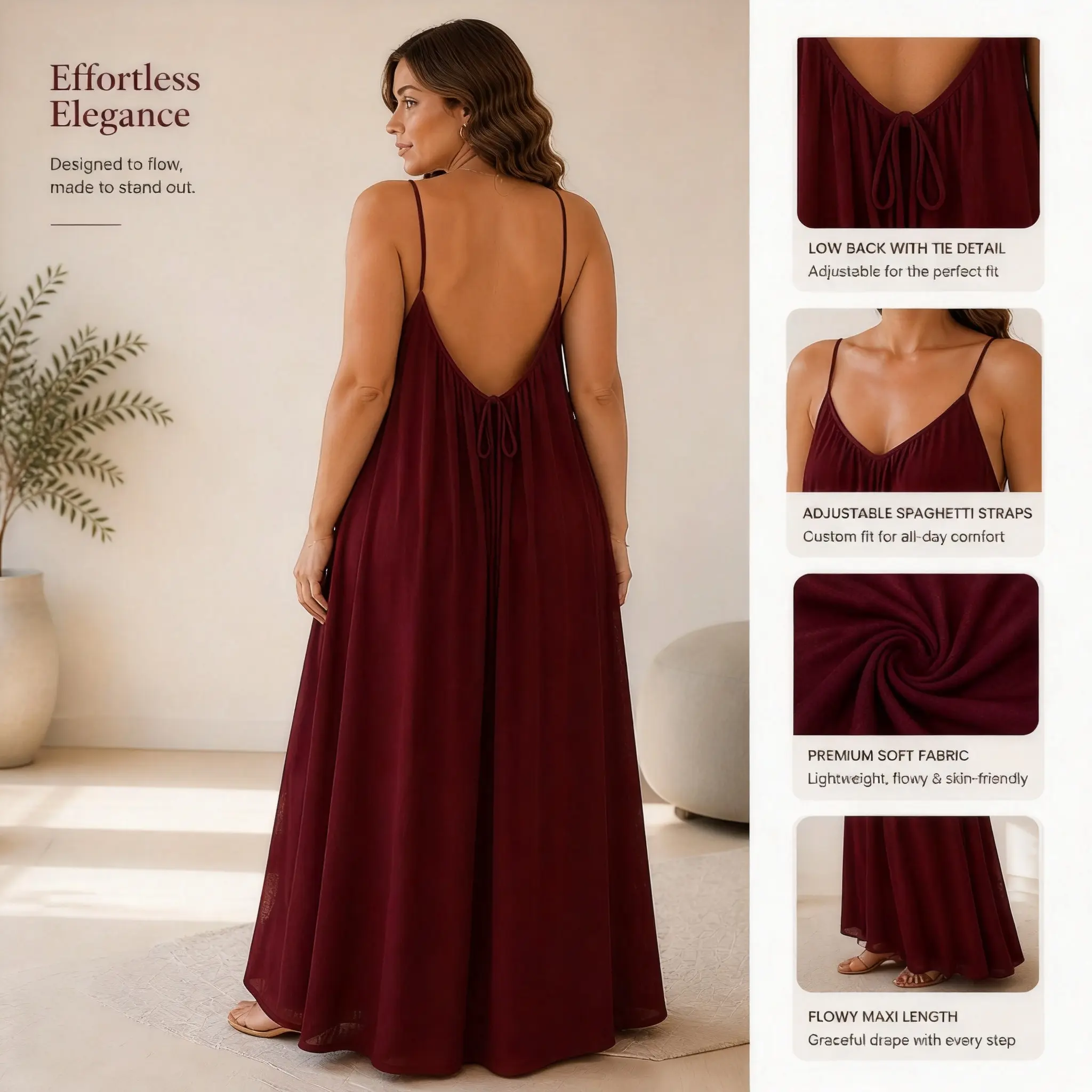 Women's Backless Spaghetti Strap Maxi Dress, Loose Flowy Sundress for Vacation Plus Size Friendly Open-Back Maxi Dress, Relaxed Fit, Floor Length, For Beach & Travel  Nightwear